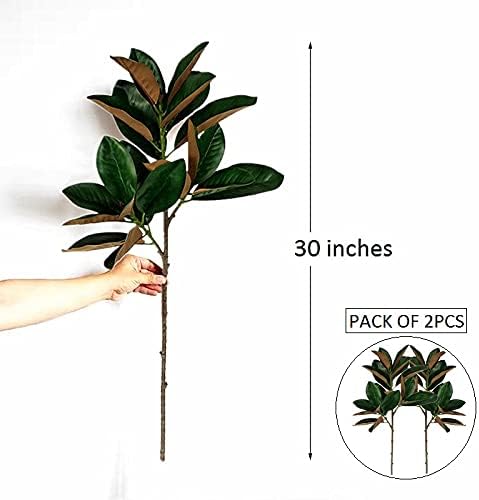 Yapay Manolya Dalları Sahte Kauçuk Ağacı Yaprakları Uzun Kök Gerçek Dokunmatik Ev Kapalı Açık Dekor için (Yeşil, 2 adet paketi)