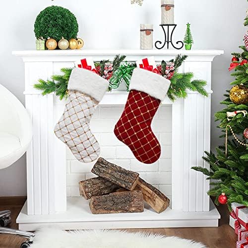 spfsua Noel Çorap Nakış Ekose Noel Stocking 18 inç 2 Set Altın Sequins ile Beyaz Yumuşak Faux Kürk Asılı Çorap için Aile Tatil