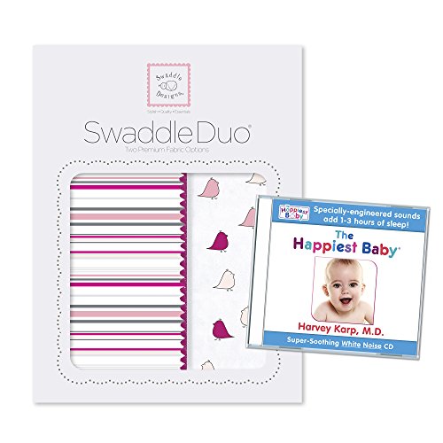 SwaddleDesigns SwaddleDuo, 2 Kundaklama Battaniyesi Seti + En Mutlu Bebek Beyaz Gürültü CD Paketi, Çizgili ve Küçük Civcivler,