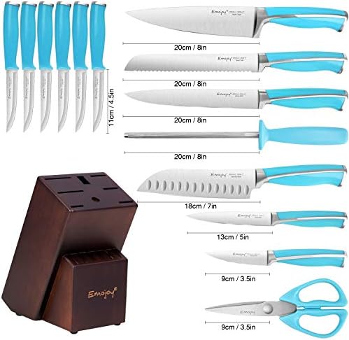 Emojoy Bıçak Seti, Ahşap Bloklu 15 Parçalı Mutfak Bıçağı Seti, Şef Bıçağı Seti için Mavi Sap, Alman Paslanmaz Çelik Mükemmel