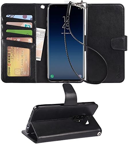 Samsung Galaxy S9 Plus için Uyumlu Arae Kılıfı, [Bilek Kayışı] Flip Folio [Kickstand Özelliği] Kimlik ve Kredi Kartı Cepli