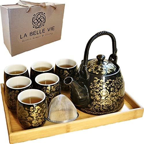 Geleneksel Japon Çay Seti, Tepsi ve Demlikli Güzel Siyah Çay Seti, 6 Yetişkin için Çin/Asya Çay Takımları, Porselen Çaydanlık