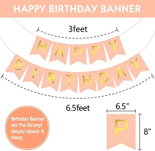 Marwey Doğum Günü Partisi Dekorasyon, gül ve Altın Mutlu Doğum Günü Banner ile Pom Poms Çiçekler, daire Kağıt Çelenk Asılı