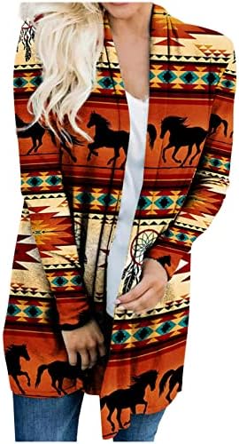 Polar Açık Ön Hırka Kadınlar ıçin Güz Ince Ceketler Uzun Kollu Retro Etnik Geometrik Grafik Shacket Outerwears