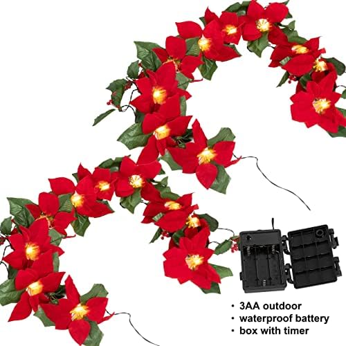 2 Paket 6FT Noel Çelenk Süslemeleri, Pille Çalışan Önceden Aydınlatılmış Kadife İpek Poinsettia Çelenkleri, Kırmızı Meyveler