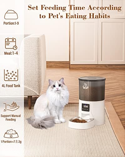 Otomatik Kedi Besleyici, Kedi ve Küçük Köpek için WELLPET 4L Otomatik Pet Kuru Gıda Dispenseri, 10s Kaydedici, Programlanabilir