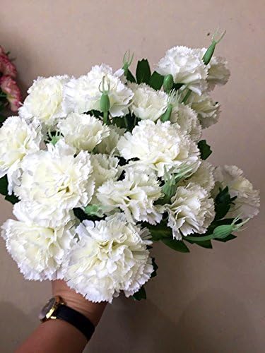 Ieoyoubeı 4 Demet Yapay İpek Çiçek Buketi Kremsi-Beyaz Karanfil11 İnç Buket ve Yeşil Yaprak Ev Dekorasyon için Gelin Düğün