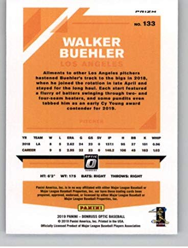 2019 Donruss Optik Gümüş Holo Prizm Beyzbol 133 Walker Buehler Los Angeles Dodgers Resmi MLBPA Ticaret Kartı Panini Amerika'dan