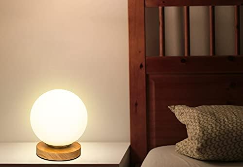 Cam Top Masa Lambası, NİOSTA 6 W 3000 K Sıcak Beyaz Küre Lamba ile Led Ampul, ahşap Taban ve Cam Kapak Başucu yatak odası için