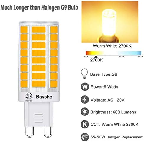G9 6 W Kısılabilir Bayshe G9 LED ampul, 2700 K Sıcak Beyaz 60 watt Eşdeğer ışık 600lm (AC 120 V, ETL Listelenen)G9 Bi-Pin Base