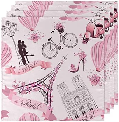 Paris Eyfel Kulesi Lover Bez Peçeteler Set 4-20x20 İnç, Pembe Romantik Kelebek Yıkanabilir Kullanımlık Polyester Yemeği Masa