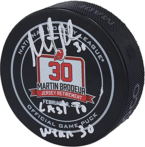 Martin Brodeur New Jersey Devils İmzalı Jersey Emeklilik Gecesi Resmi Oyun Diski Son Giyecek 30 Yazısı ile - 30 İmzalı NHL