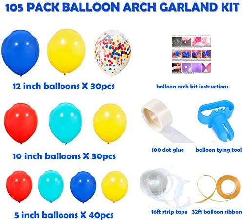 Karnaval Sirk Balon Kemer ve Çelenk Kiti, 105 Paket Kırmızı Mavi Sarı Lateks Balonlar ve Gökkuşağı Renkli Önceden Doldurulmuş