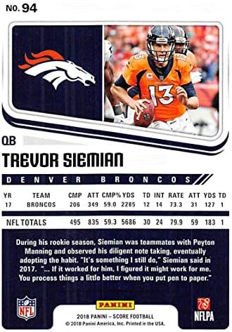 2018 Puan Kartı 94 Trevor Siemian Denver Broncos Resmi NFL Ticaret Kartı Ham (NM veya Daha İyi) Durumda