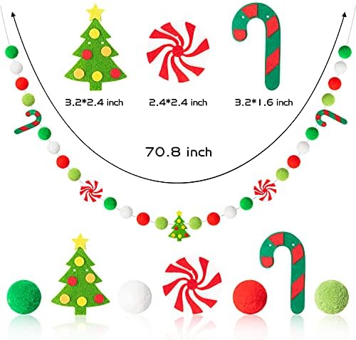 MALLMALL6 Noel Keçe Topu Pom Pom Afiş Yün Topları Çelenk Nane şekeri Noel Ağacı Şeker kamışı 70.8 inç Kırmızı Yeşil Beyaz askı