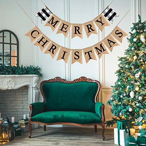 Adurself Merry Christmas Çuval Banner Buffalo Kontrol Ekose Rustik Vintage Noel Bunting Garland Noel Parti Malzemeleri için
