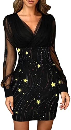 Kadın zarif balo elbise grafik baskılı örgü uzun kollu v yaka ince yüksek belli Mini elbise