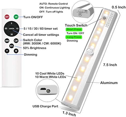 Dolap Altı Işıkları Uzaktan Kumandalı Şarj Edilebilir Pil Kumandalı 3 Paket, Zamanlayıcılı Mutfak Vitrini için Kablosuz led