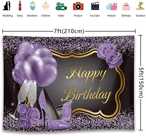 RUİNİ Polyester Parlak Pullu Mor Yüksek Topuklu Şampanya Mor Gül Balonlar Mutlu Doğum Günü Partisi Zemin 7x5FT