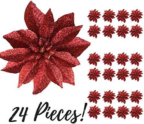 BANBERRY Tasarımları Poinsettia Çiçekleri - 24'lü Set-3 ¾ Kırmızı Parıltılı Poinsettia Klipsli Süs Eşyaları-Noel Süsleri-Dekoratif