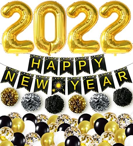 Yeni Yıl Arifesi Parti Malzemeleri 2022-NO DIY, Yeni Yılınız Kutlu Olsun Afiş 2022, Altın Balon 2022 / Ponponlar ve Konfeti