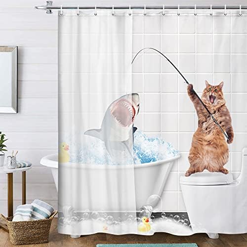 Komik Kedi Duş Perdesi Sevimli Kaprisli Çocuk Duş Perde Seti, Kedi Balıkçılık Köpekbalığı Banyo Küvet Duş Perdeleri, Morden