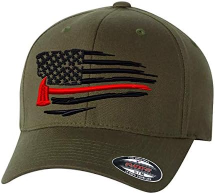 Ince Kırmızı Çizgi İtfaiye Sıkıntılı Amerikan Bayrağı şapka, Bayrak ile İtfaiyeci Balta İşlemeli. 6477 ve 6277 Flexfit Şapka