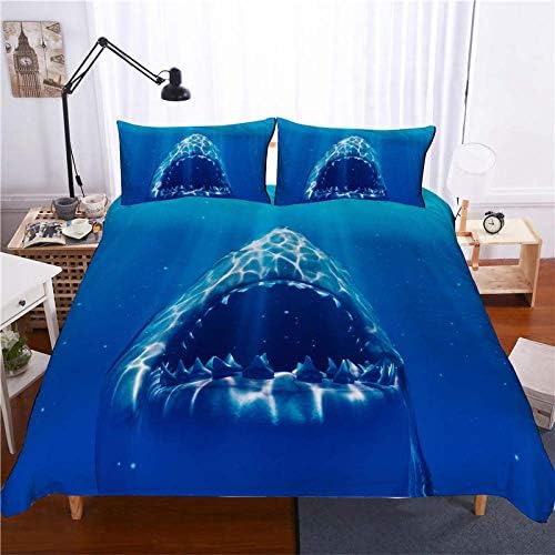 KİKİBEDYZ 3D Yatak Setleri, 3D Mavi Deniz Köpekbalığı Ağız Desen Yatak Polyester Elyaf Yumuşak Sıcak Nevresim ve Yastık Kılıfı