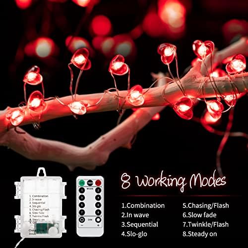 Sevgililer günü kırmızı kalp Mini dize ışıkları - 13.8 feet 40 LED pil kumandalı Mini peri ışıkları ile 8 modları zamanlayıcı