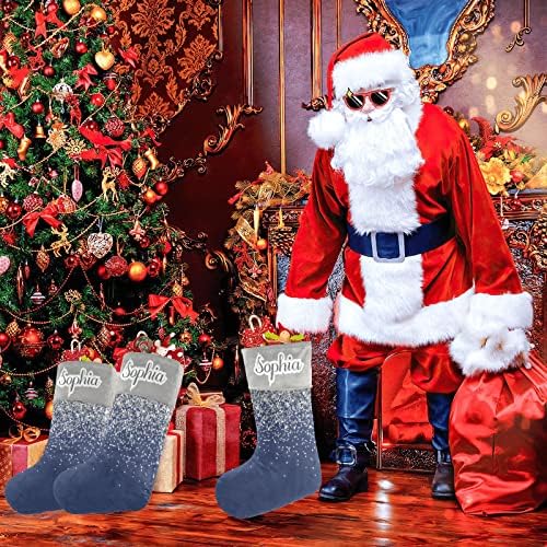 CUXWEOT Glitter Lacivert Gümüş Baskı Noel Çorap ile Adı Özel Noel Hediye Aile Ağacı Polar Tatil Dekorasyon Hediye 17. 52x7.